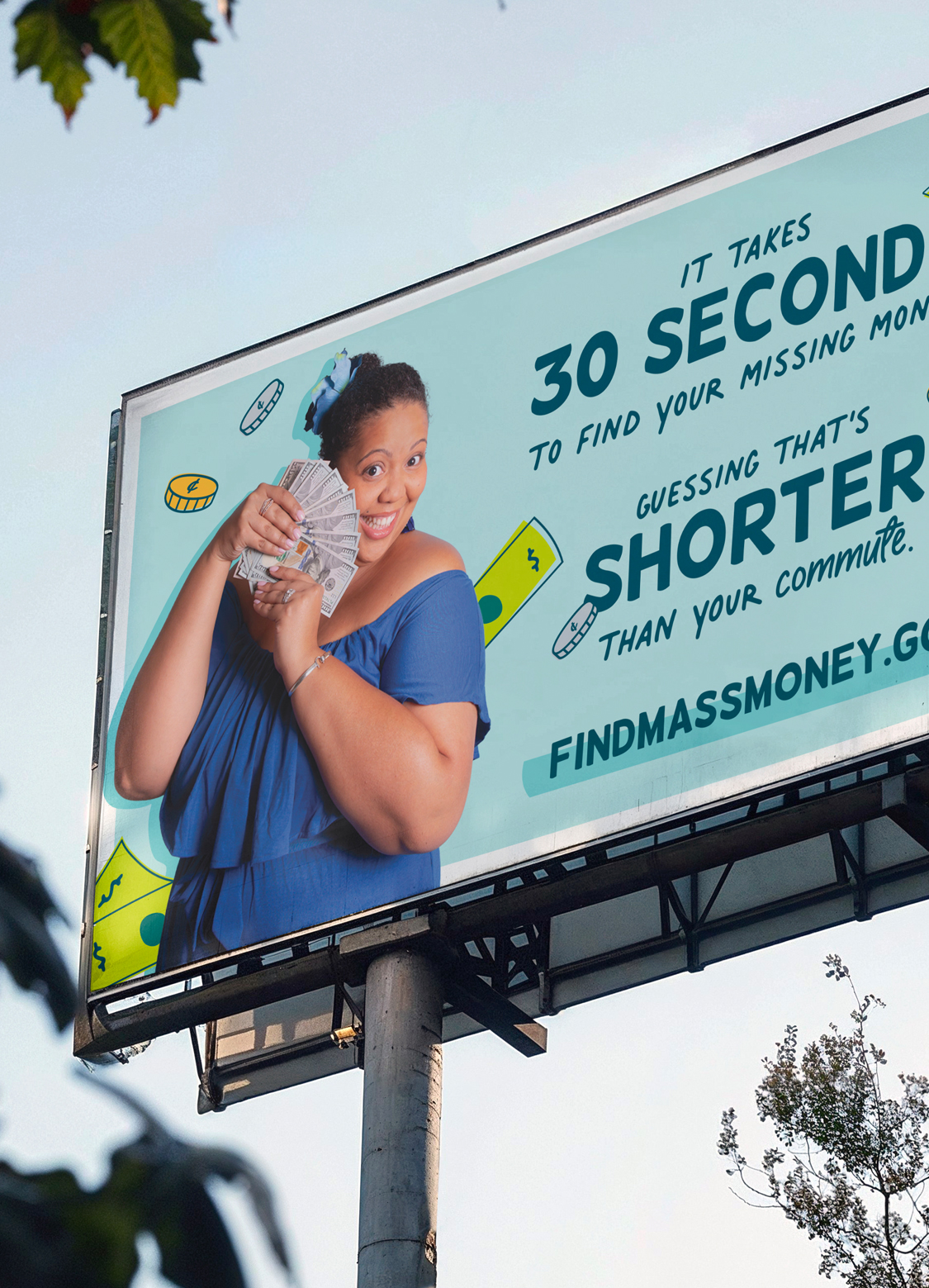 Example billboard ad from the Unclaimed Property Find Mass Money By the Numbers campaign in situ.