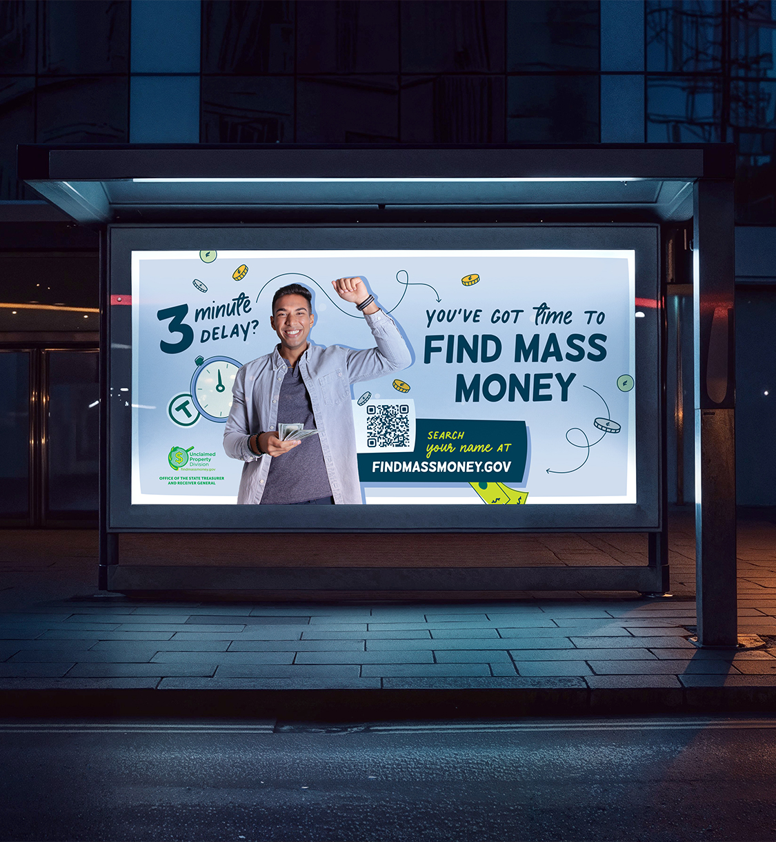 Example bus stop ad from the Unclaimed Property Find Mass Money By the Numbers campaign in situ.
