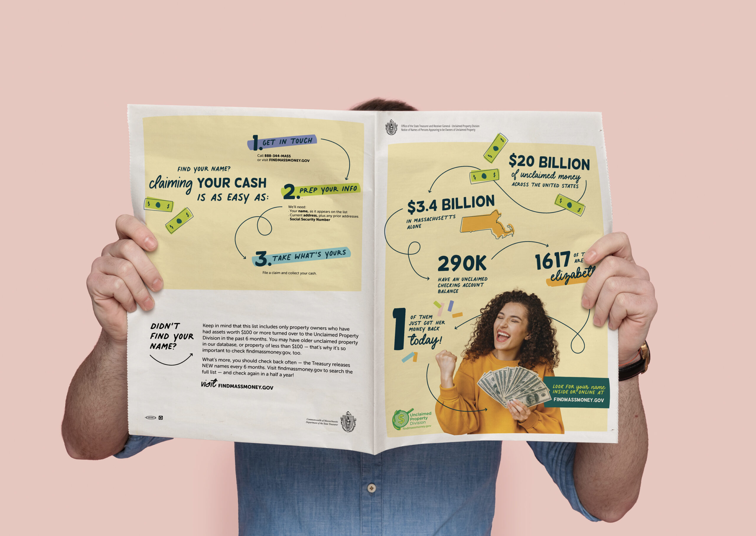 A man covers his face with an open newspaper, which features an ad from the Unclaimed Property FindMassMoney campaign.