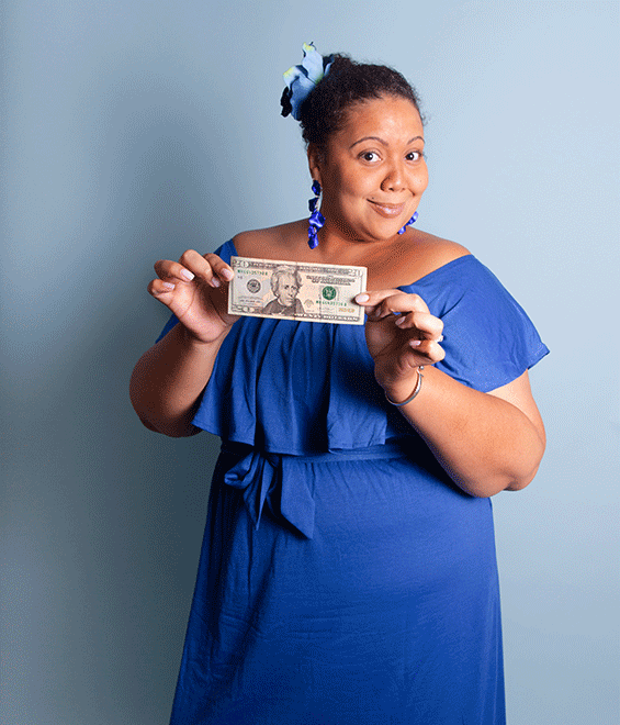 Slideshow with examples from the Unclaimed Property Find Mass Money By the Numbers campaign. A woman poses happily with a handful of cash.