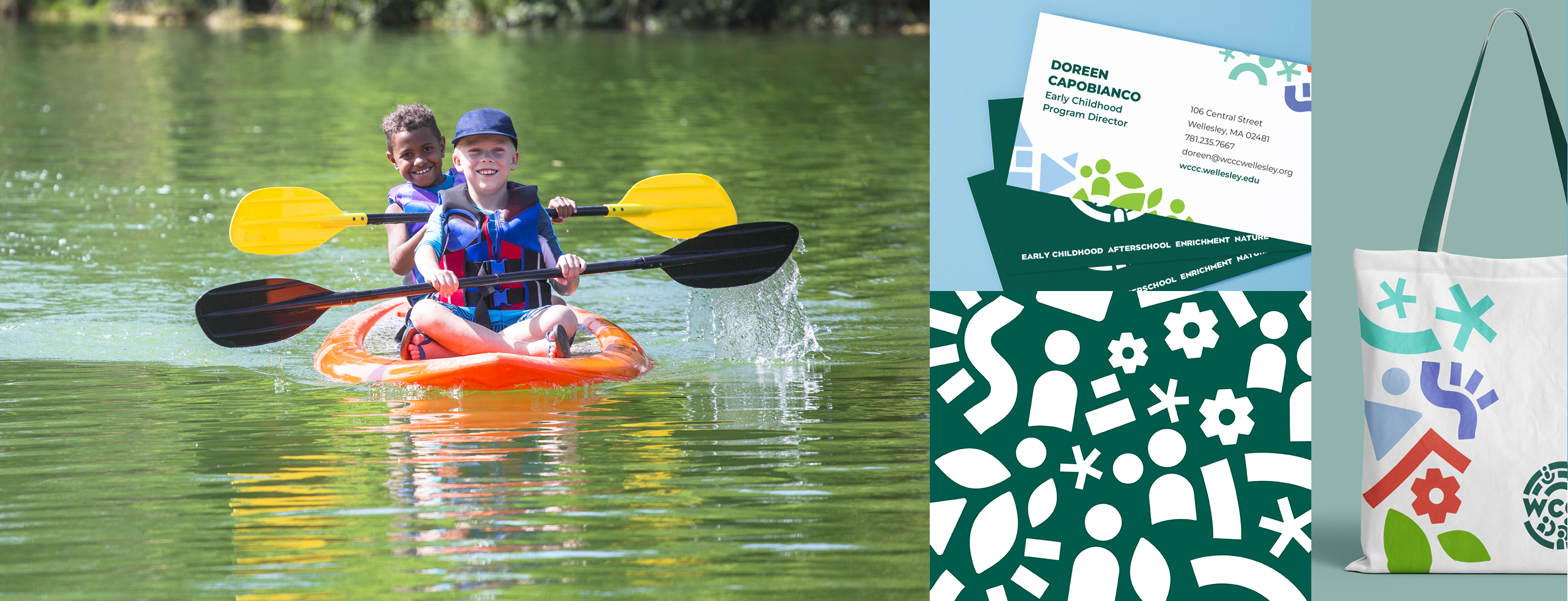 Collages of illustration, business card, branded tote bag and two children in a canoe.