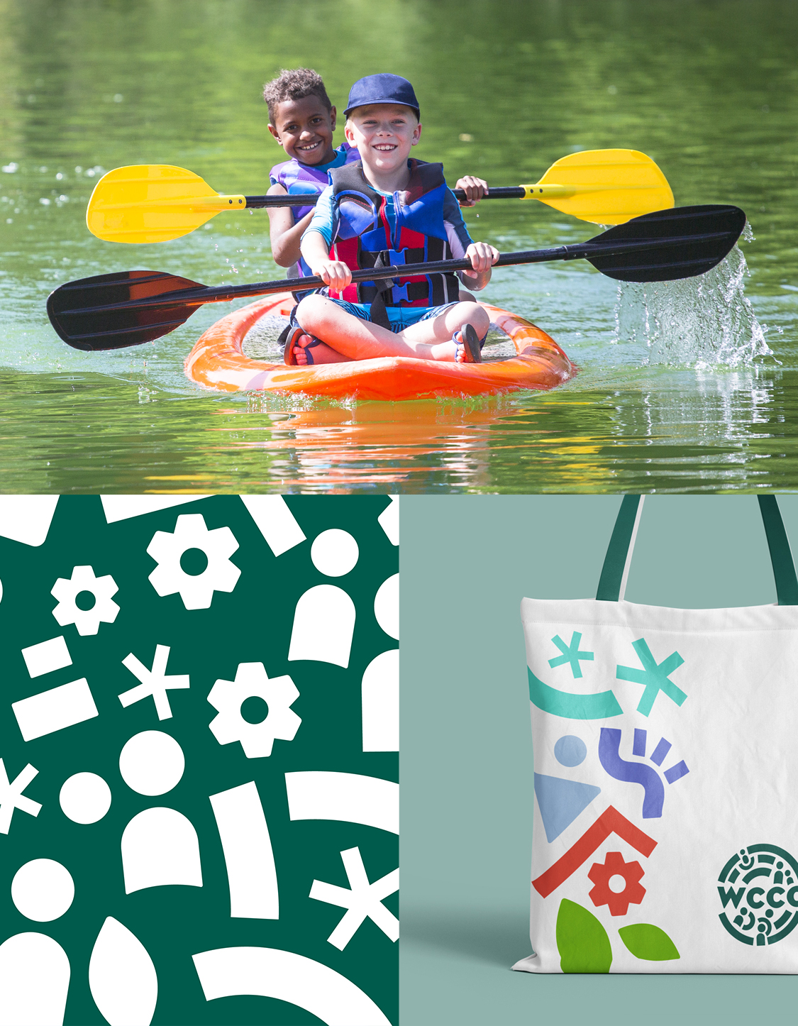 Collages of illustration, business card, branded tote bag and two children in a canoe.