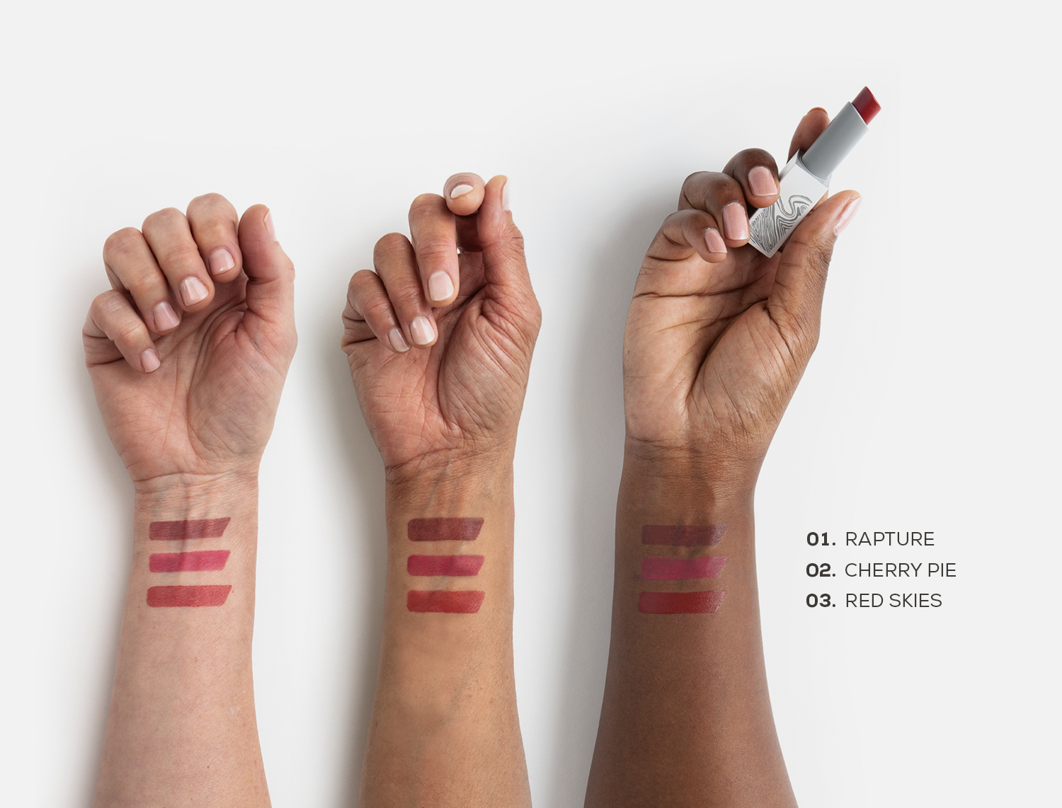 3 models' hands with varying skin tones feature swatches of 3 Flyte.70 lipstick shades against a white background.